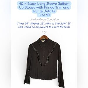 Black Fringe & Ruffle Button-Up Blouse – Women’s Size 10